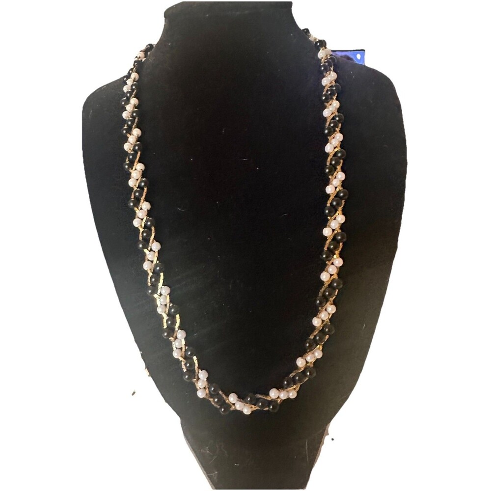 Vintage Trifari Black White Faux Pearl Beaded Necklace Gold Tone Twisted 17”